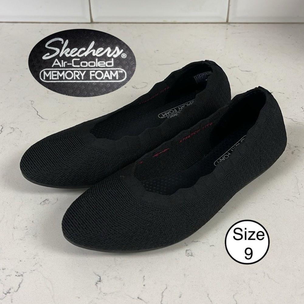 Skechers Women's Cleo 2.0-Love Spell Scallop Collar Knit Loafer Flats Black SZ 9